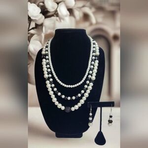 Classy Spectator Black Crystal and White Glass Pearls Multistrand Necklace Set